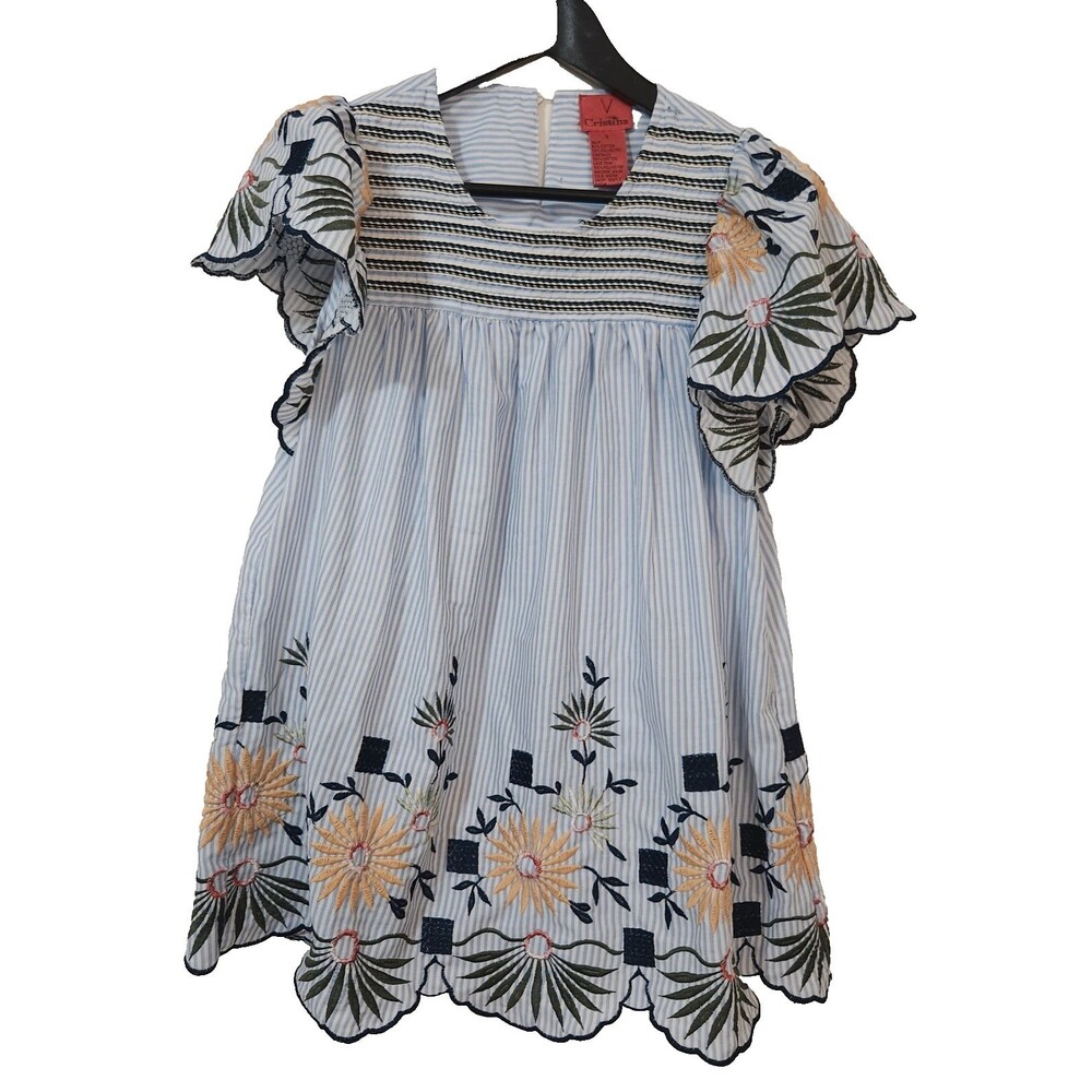 V Cristina Blue Embroidered Floral Top Flutter Sleaves